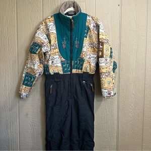 Obermeyer Kids Puffer Ski Suit in Teal and Black Print